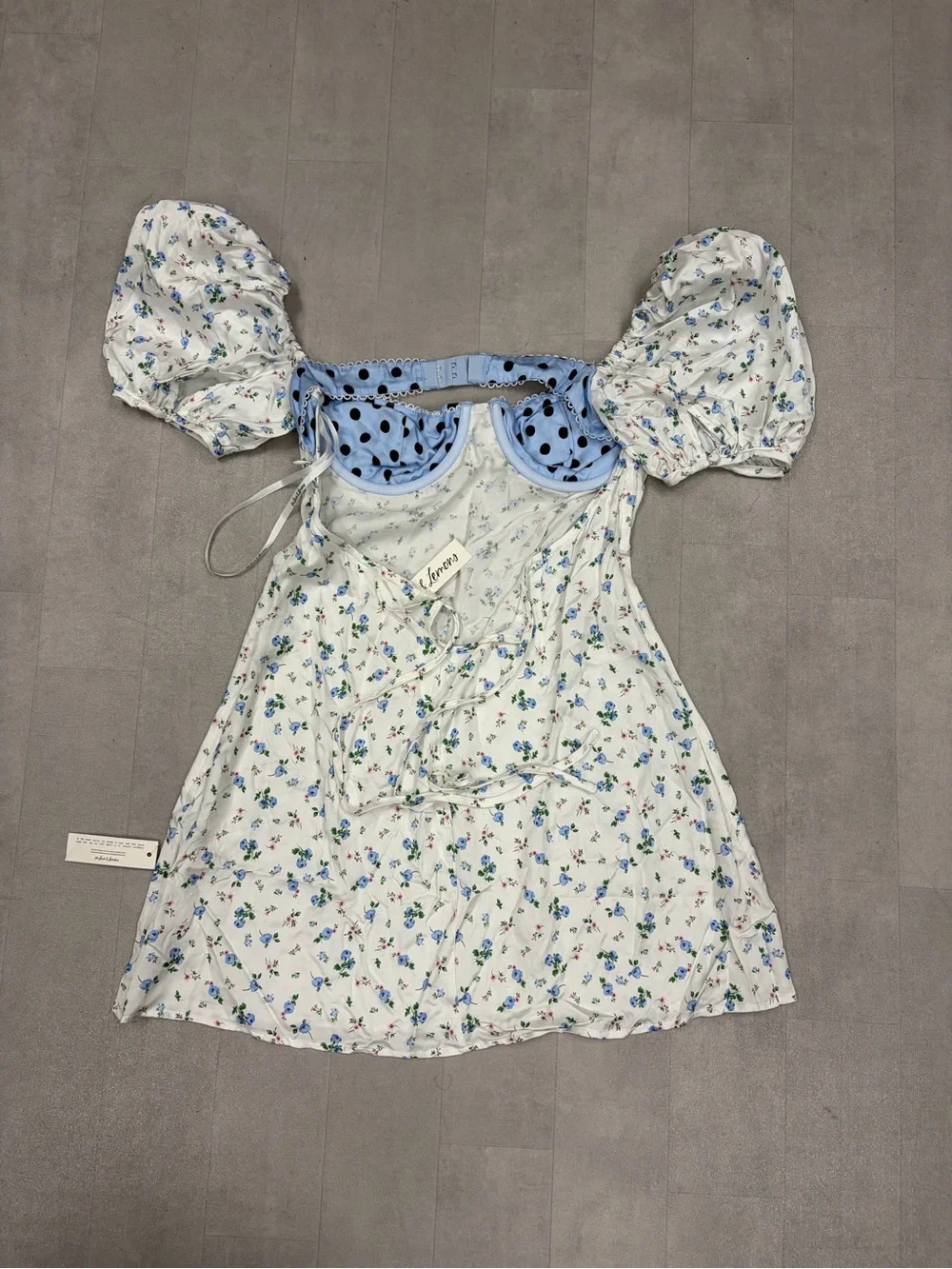 Free People For Love & Lemons Blue Floral Puff-Sleeve Dress w/ Polka Dot Bow